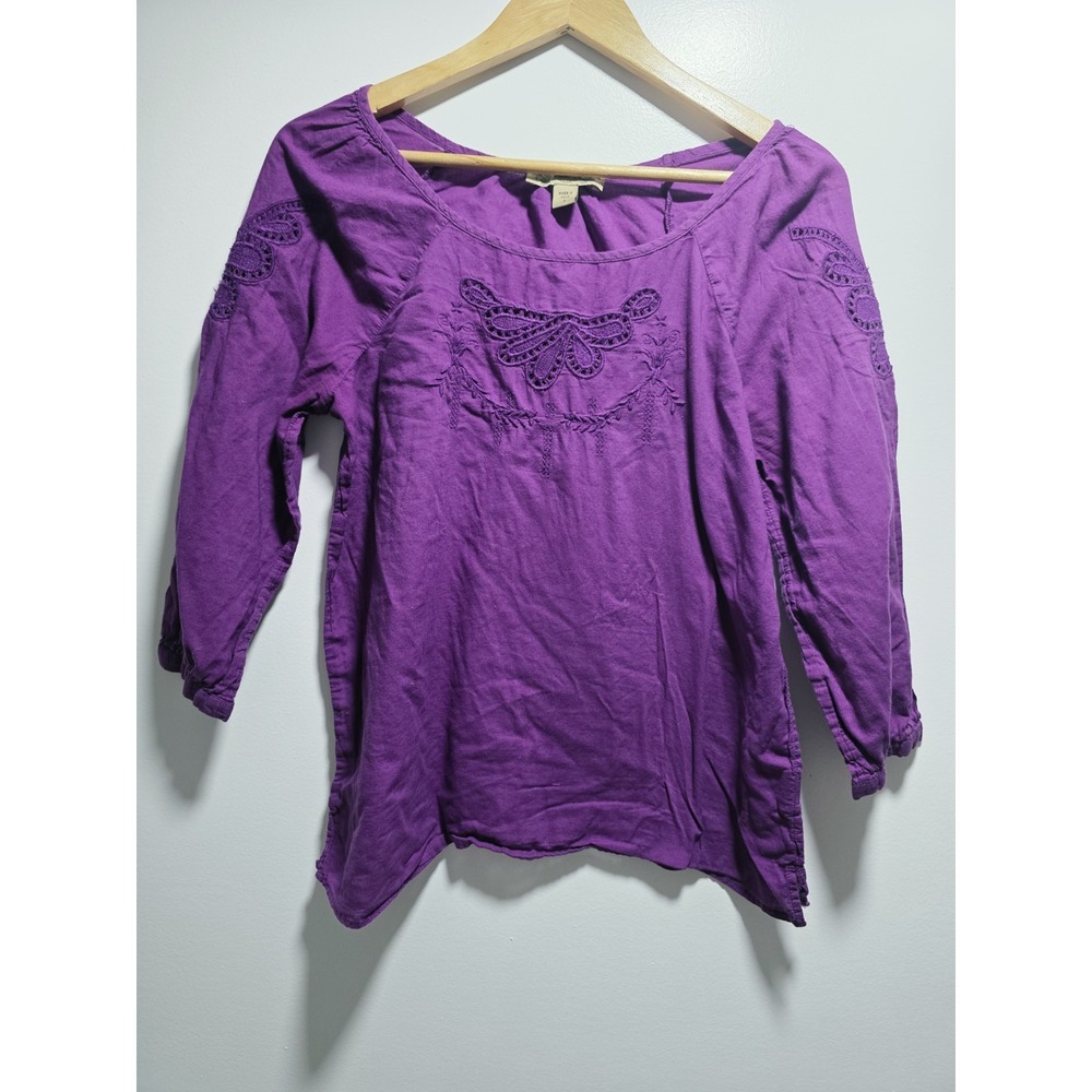 Vintage America Women's Blouse Top 3/4 Sleeve Purple Embroidered Size S